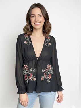 Express • Black Sheer Floral Embroidered Blouse